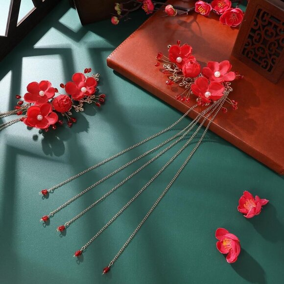 Chinese Wedding Hairpin Red Tassel Pearl Flower Hair Clip Vintage Long Hair Jewe